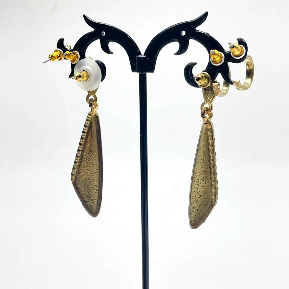Pierced Earrings Lot of 3 Rhinestone Studs Gold Tone Hoops Cream Enamel Dangle